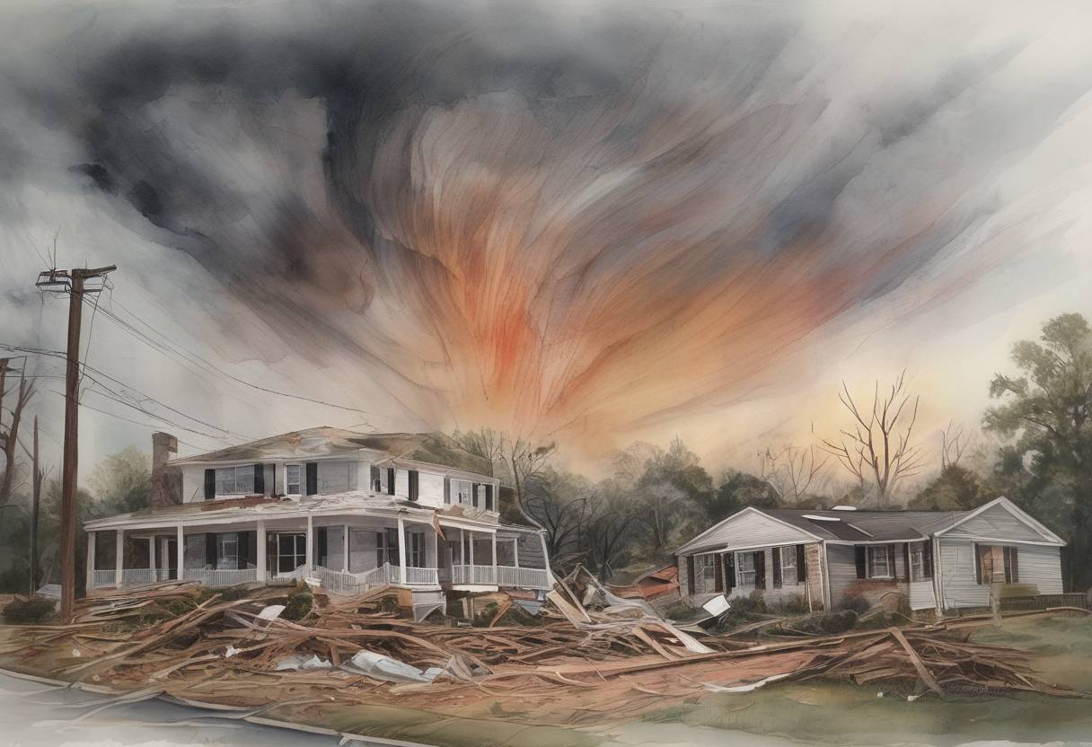 Watercolor painting based depiction of A series of devastating tornadoes struck the southern United States, particularly Alabama, resulting in over 300 deaths and widespread destruction. (2011)