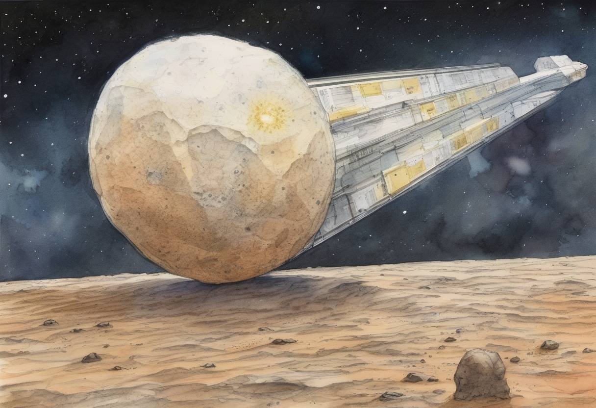 Watercolor painting based depiction of The asteroid 4179 Toutatis passed within four lunar distances of Earth, providing a significant opportunity for scientific observation. (2004)