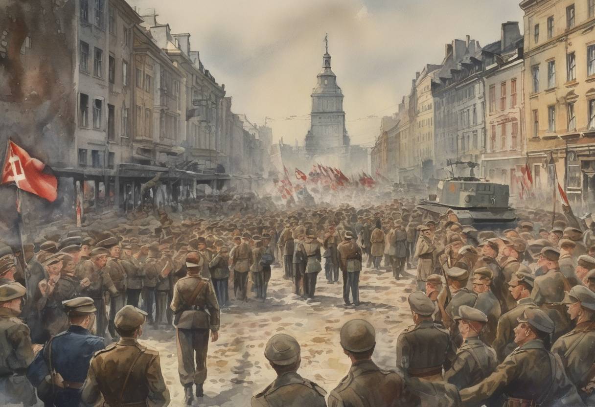Watercolor painting based depiction of Warsaw surrenders to Nazi Germany during the Invasion of Poland, marking a significant event in the early stages of World War II. (1939)
