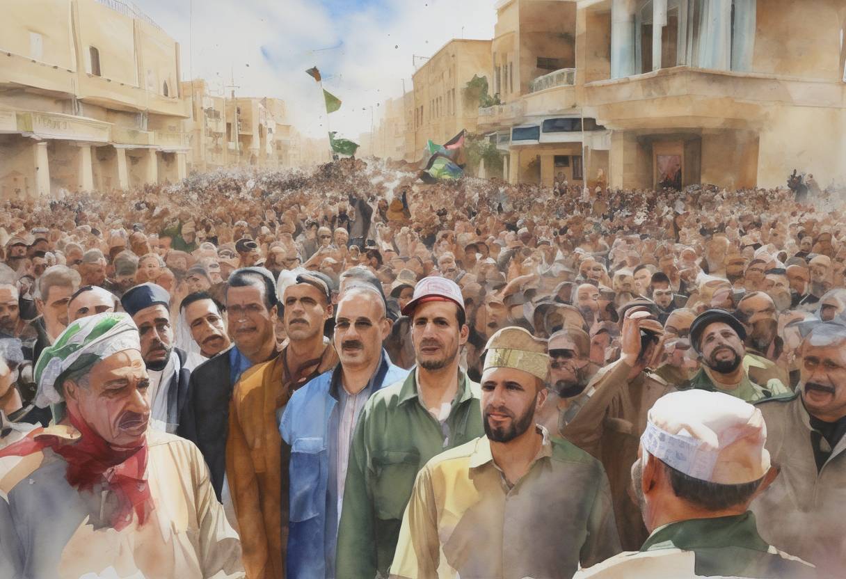 Watercolor painting based depiction of The Libyan National Transitional Council declares the liberation of Libya, marking the end of the Libyan Civil War following the death of Muammar Gaddafi. (2011)