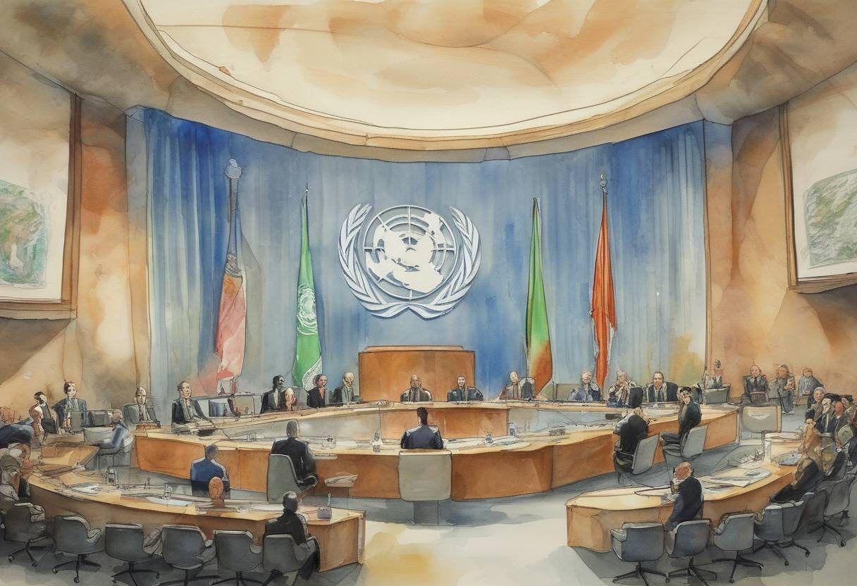 Watercolor painting based depiction of The United Nations Security Council votes to impose sanctions on Iran due to its refusal to suspend its uranium enrichment program, marking a significant moment in the international community's efforts to curb nuclear proliferation. (2006)