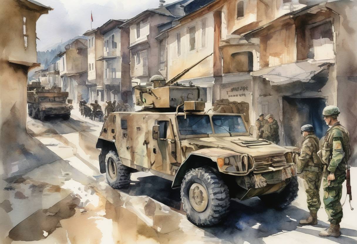 Watercolor painting based depiction of NATO began its peacekeeping mission in Bosnia and Herzegovina following the Bosnian War, implementing the Dayton Agreement. (1995)