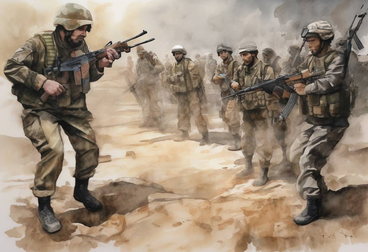 Watercolor painting based depiction of The Islamic State of Iraq and the Levant (ISIL) released a video showing the beheading of Kurdish soldier Peshmerga, marking a significant escalation in the group's campaign against Kurdish forces. (2014)