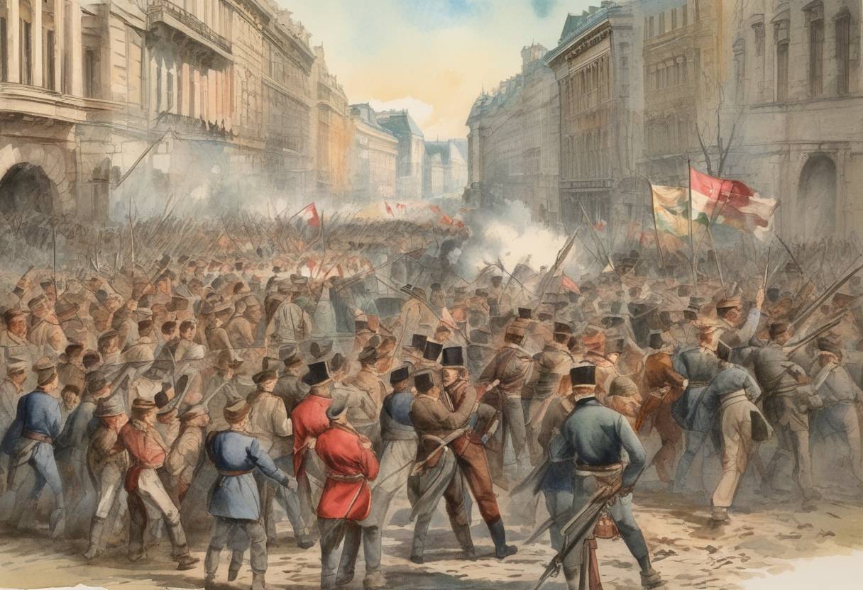 Watercolor painting based depiction of Revolutionary events in Hungary led to the Hungarian Revolution of 1848, part of the broader Revolutions of 1848 in Europe. (1848)