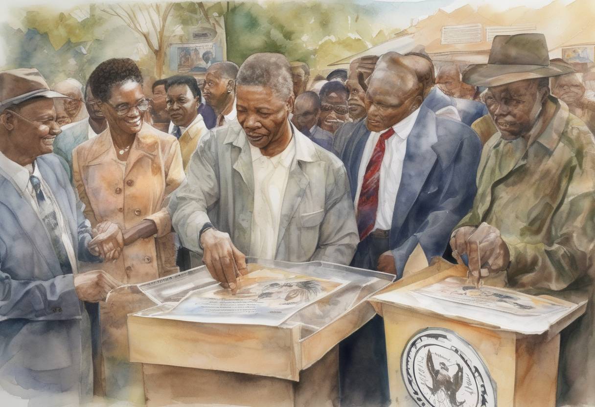 Watercolor painting based depiction of The first multi-racial elections began in South Africa, marking the end of apartheid and leading to Nelson Mandela's election as president. (1994)