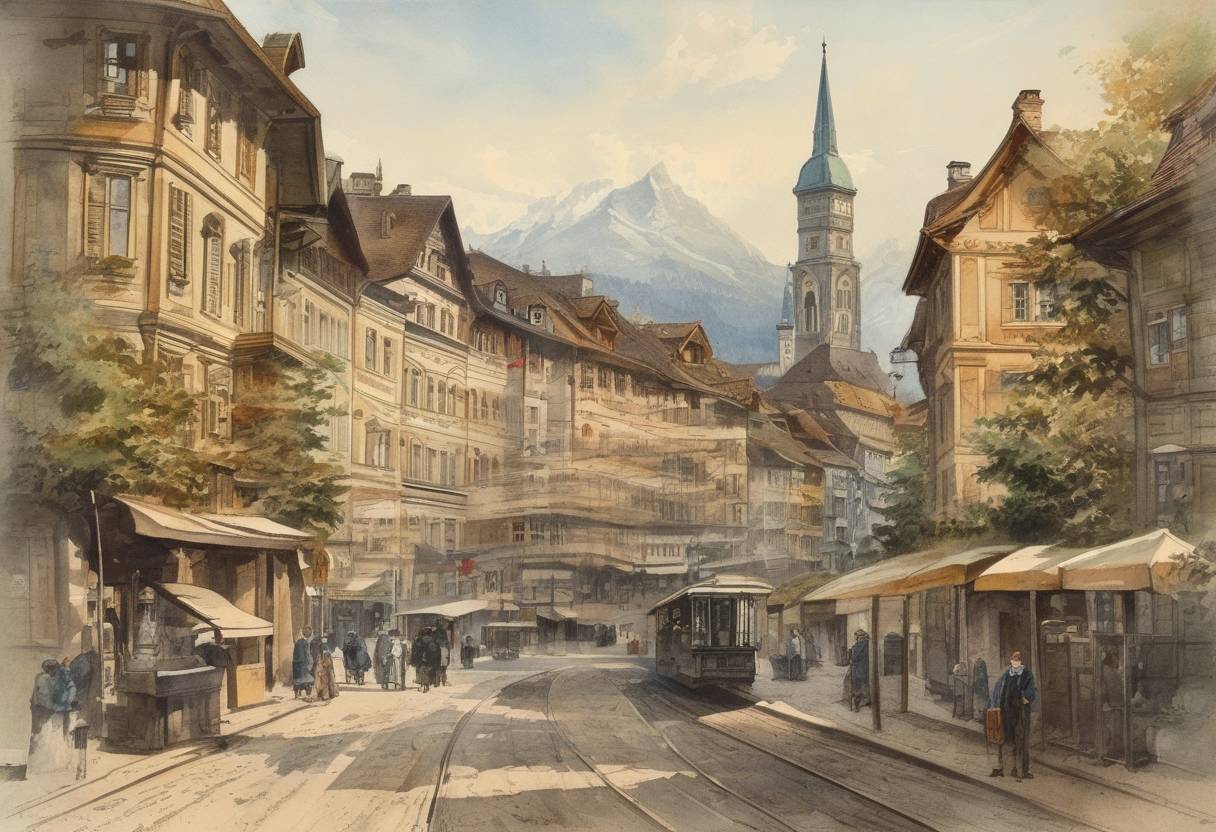 Watercolor painting based depiction of The Universal Postal Union was established in Bern, Switzerland, facilitating international mail exchange. (1874)