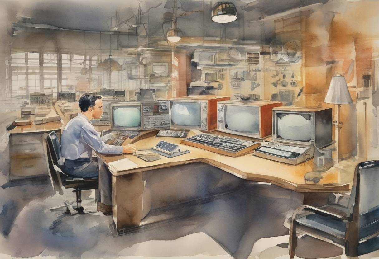 Watercolor painting based depiction of The transistor was first demonstrated at Bell Laboratories, revolutionizing electronics and paving the way for modern computing. (1947)