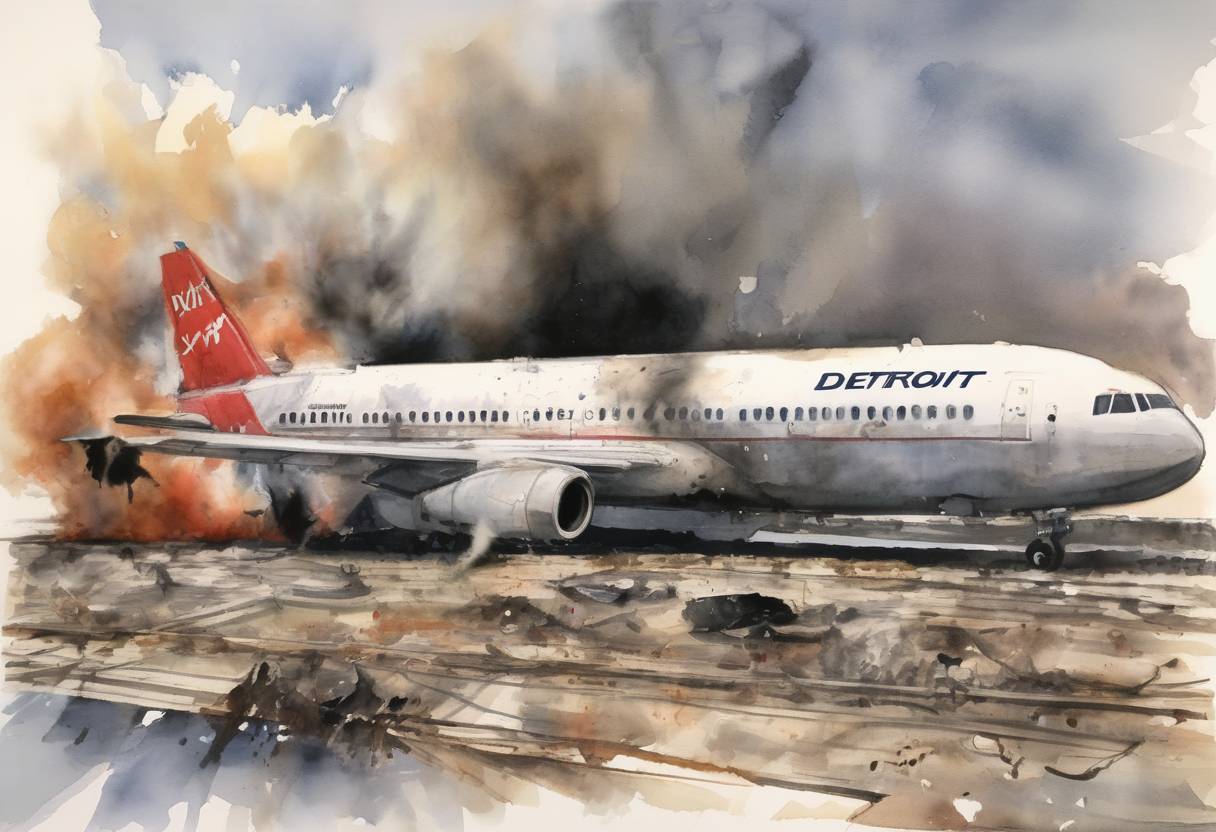 Watercolor painting based depiction of A failed terrorist attack occurred on Northwest Airlines Flight 253, when a passenger attempted to detonate an explosive device on the plane as it approached Detroit, Michigan. (2009)