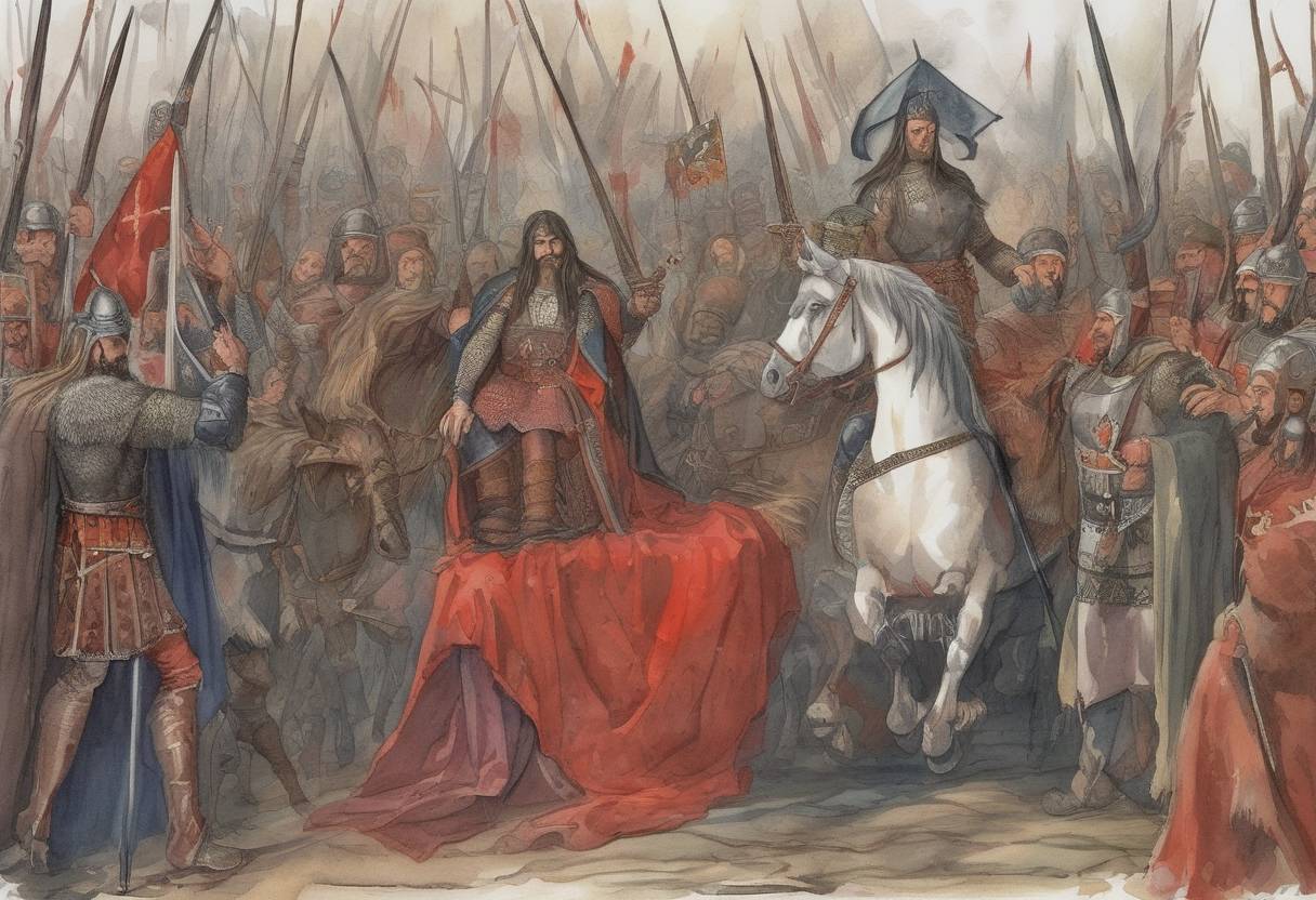 Watercolor painting based depiction of Vlad the Impaler, also known as Vlad III, defeats Basarab Laiotă with the help of Stephen III of Moldavia and Stephen V Báthory, briefly regaining the throne of Wallachia. (1476)