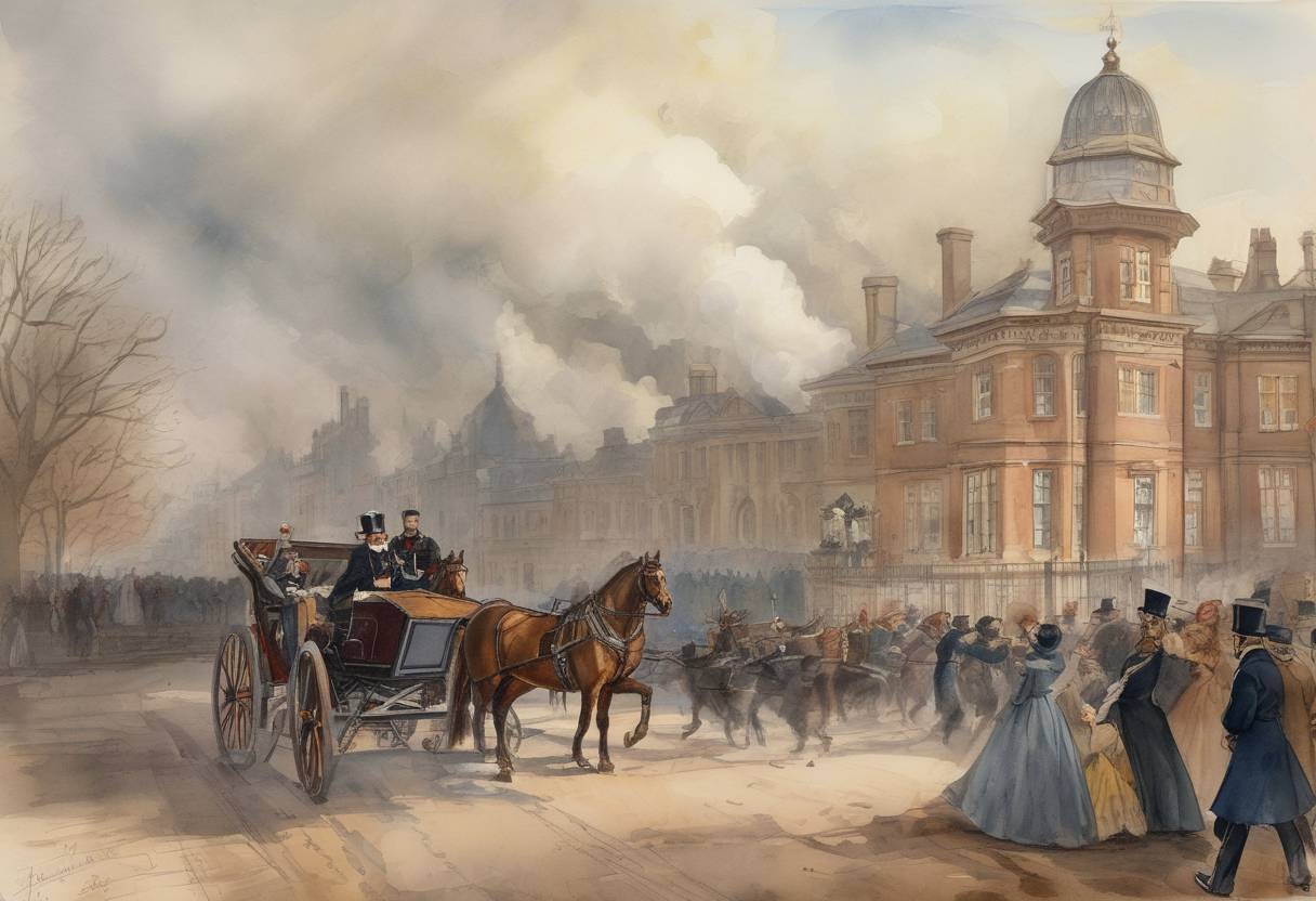 Watercolor painting based depiction of Queen Victoria narrowly escapes an assassination attempt by Roderick McLean in Windsor. (1882)