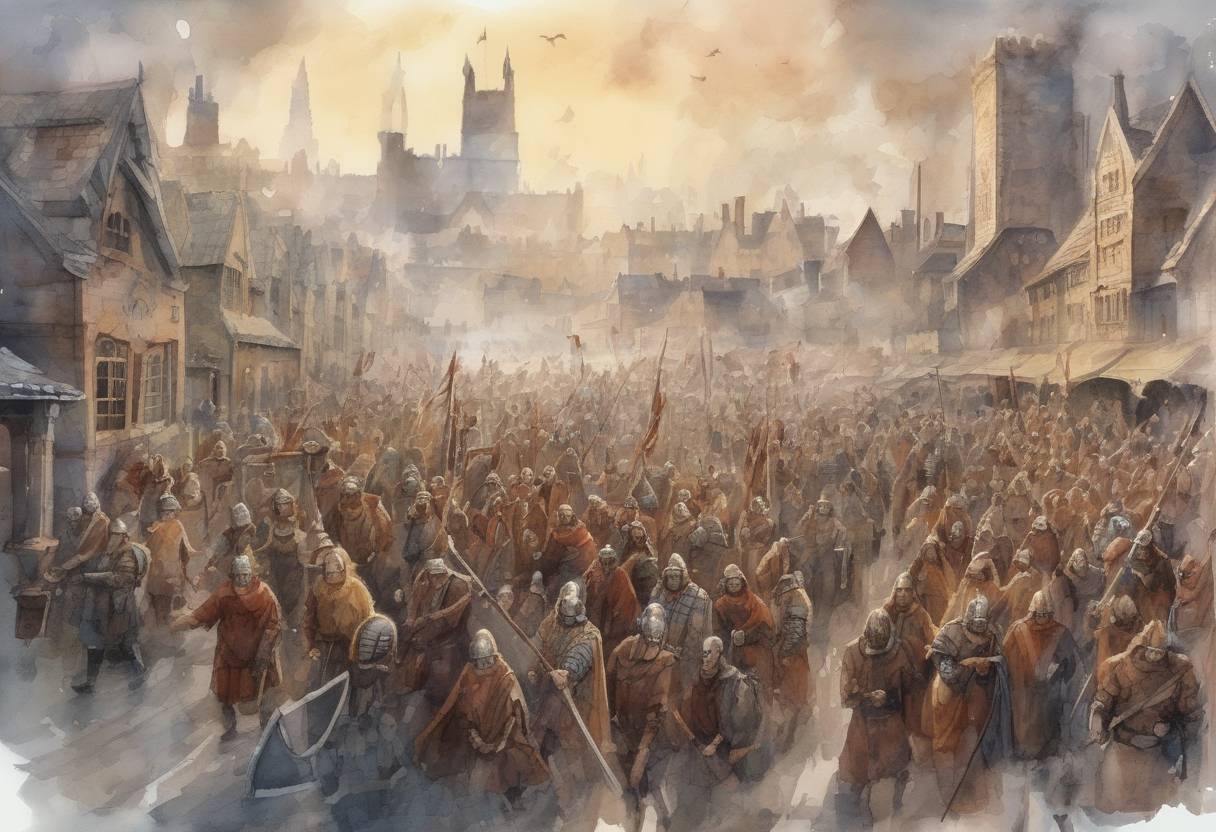 Watercolor painting based depiction of The Viking Great Heathen Army, led by Ivar the Boneless, captures the city of York. (865)