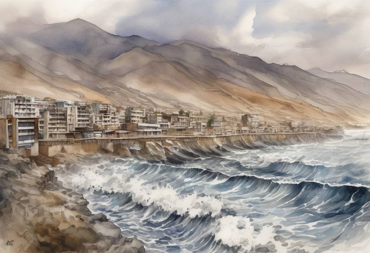 Watercolor painting based depiction of A powerful earthquake strikes the coast of central Chile, causing damage and prompting evacuations but resulting in no fatalities. (2007)