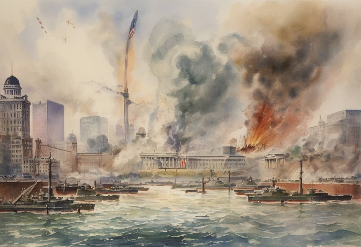 Watercolor painting based depiction of The United States and the United Kingdom declared war on Japan, following the attack on Pearl Harbor. (1941)