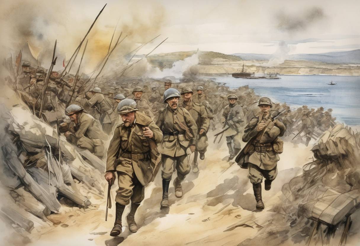 Watercolor painting based depiction of The Battle of Gallipoli ended with an Ottoman victory as Allied forces completed their evacuation from the peninsula. (1916)
