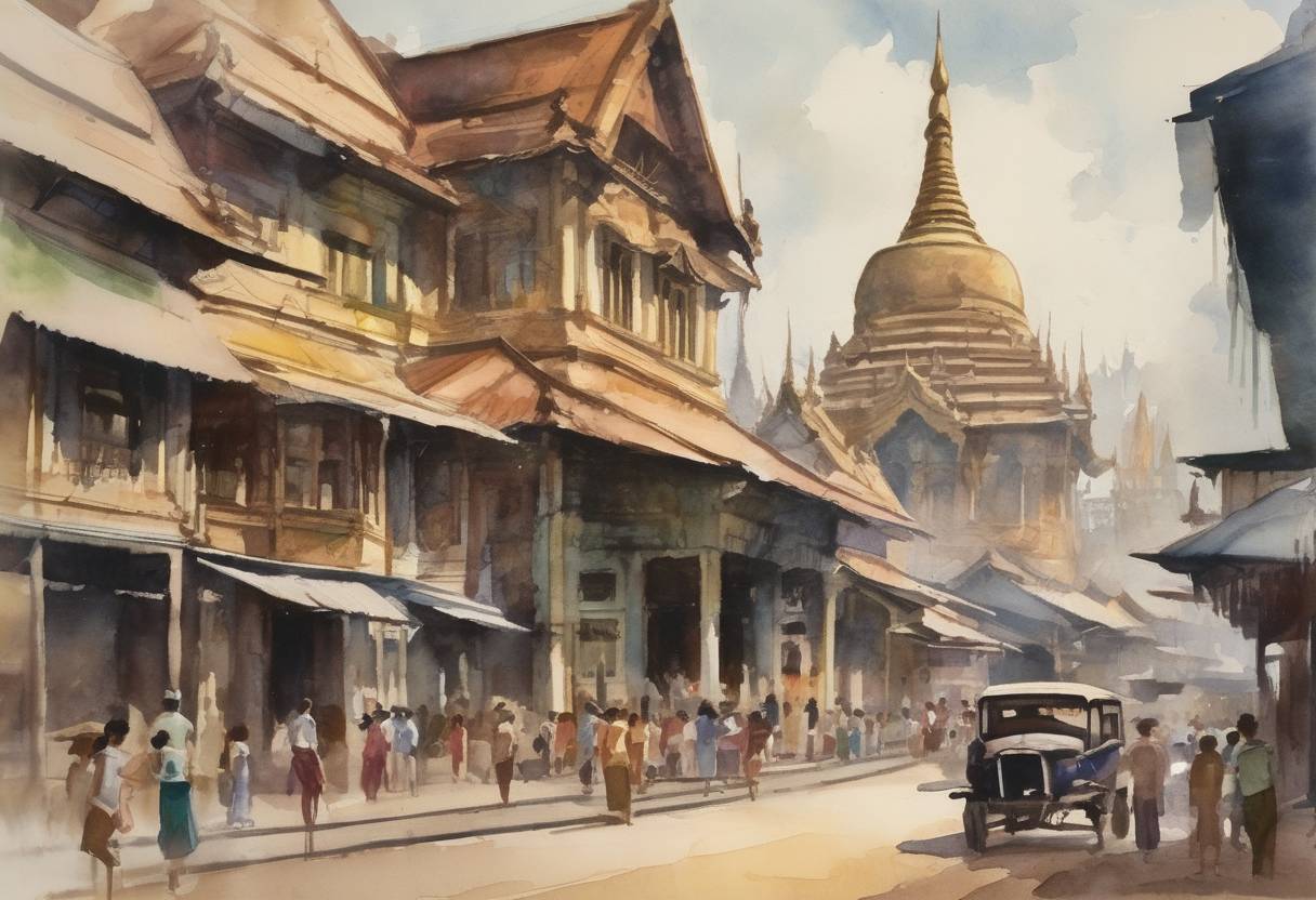 Watercolor painting based depiction of Burma (now Myanmar) gained independence from the United Kingdom. (1948)
