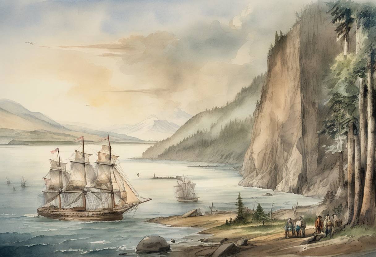 Watercolor painting based depiction of The Lewis and Clark Expedition first sighted the Pacific Ocean at the mouth of the Columbia River. (1805)