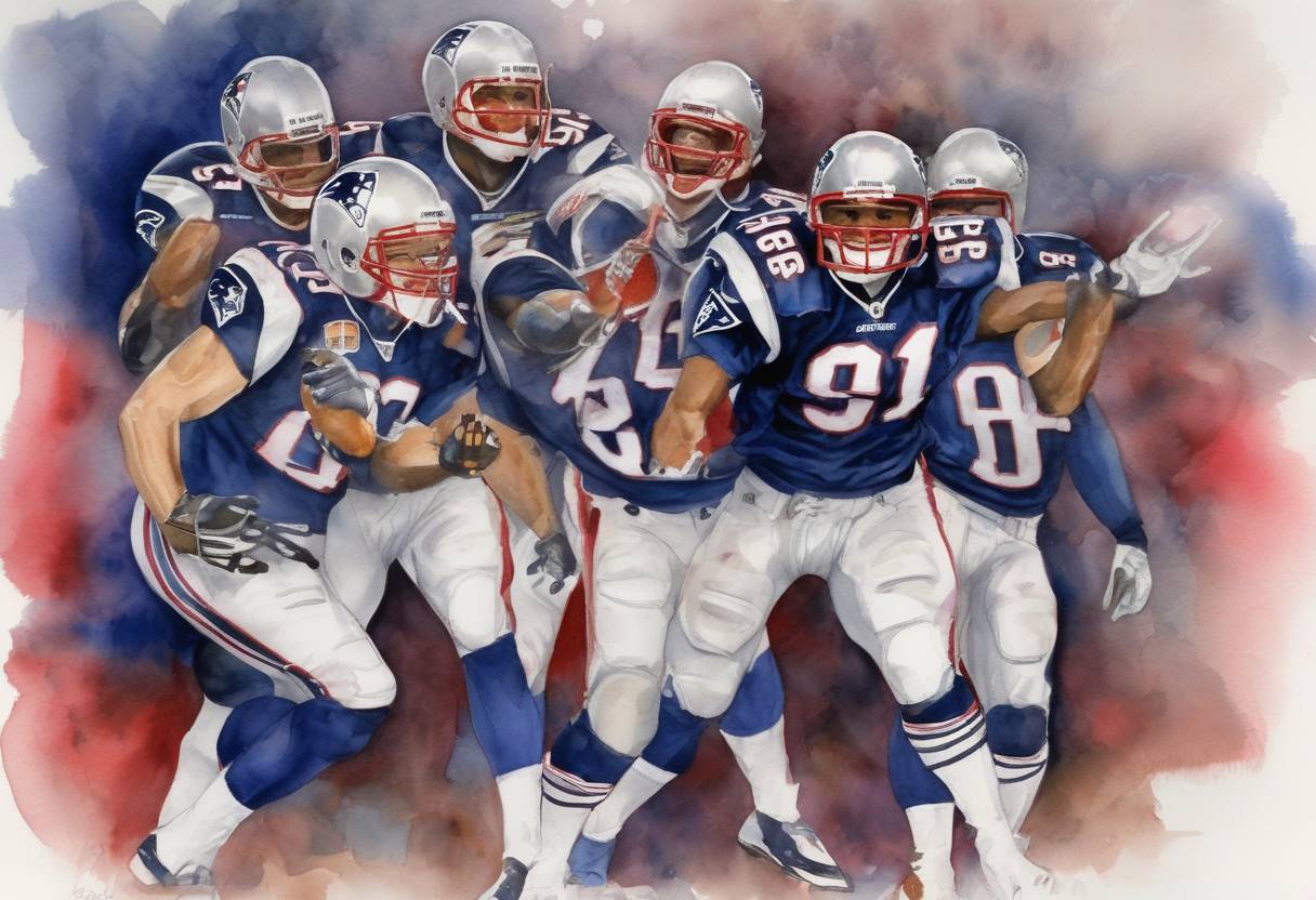 Watercolor painting based depiction of The New England Patriots won their first Super Bowl, defeating the St. Louis Rams 20-17 in Super Bowl XXXVI. (2002)