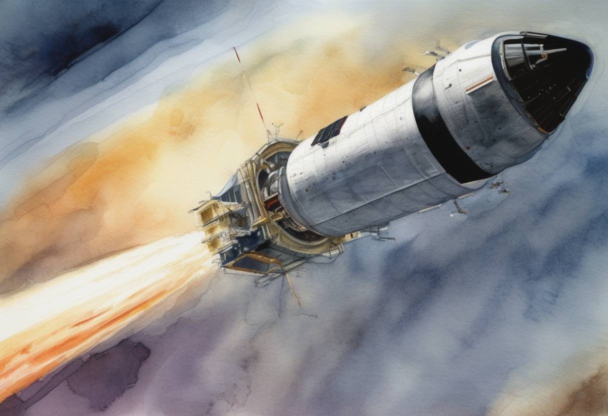 Watercolor painting based depiction of A NASA spacecraft, NEAR Shoemaker, is launched on a mission to study the asteroid 433 Eros. (1996)