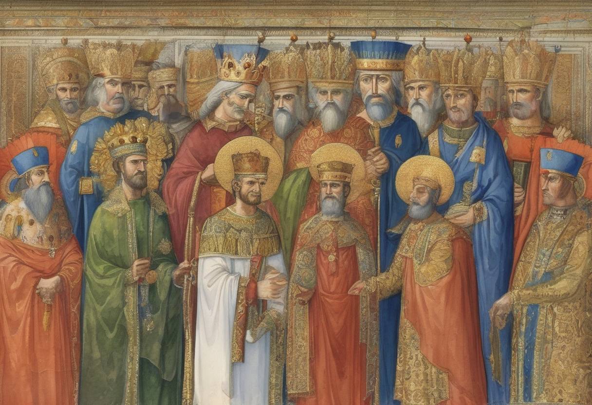 Watercolor painting based depiction of Constantine XI was crowned Byzantine Emperor at Mistra. (1449)