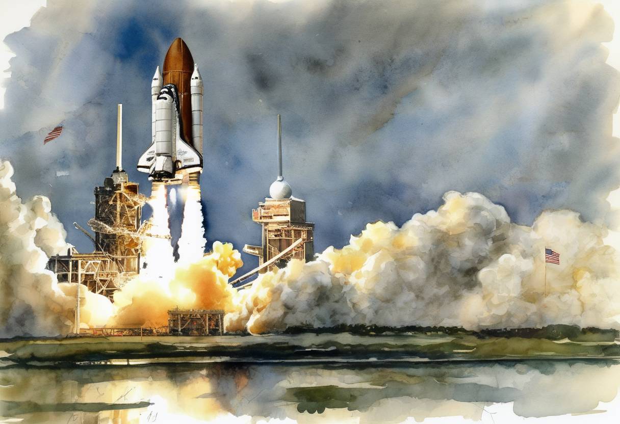 Watercolor painting based depiction of Space Shuttle Discovery launches on mission STS-60, carrying Sergei Krikalev, the first Russian cosmonaut to fly aboard a U.S. spacecraft. (1994)