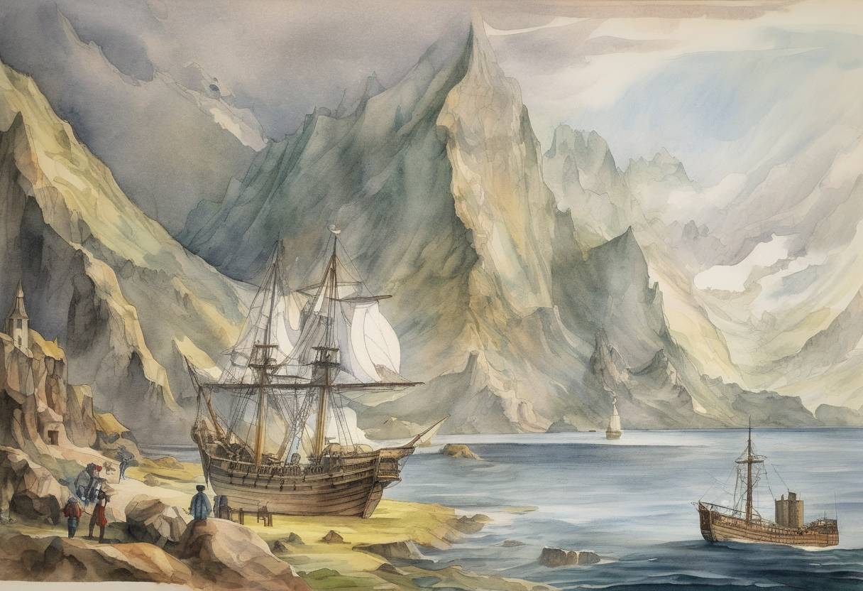 Watercolor painting based depiction of Ferdinand Magellan discovers a strait now known as the Strait of Magellan, the passage immediately south of mainland South America connecting the Pacific and Atlantic Oceans. (1520)