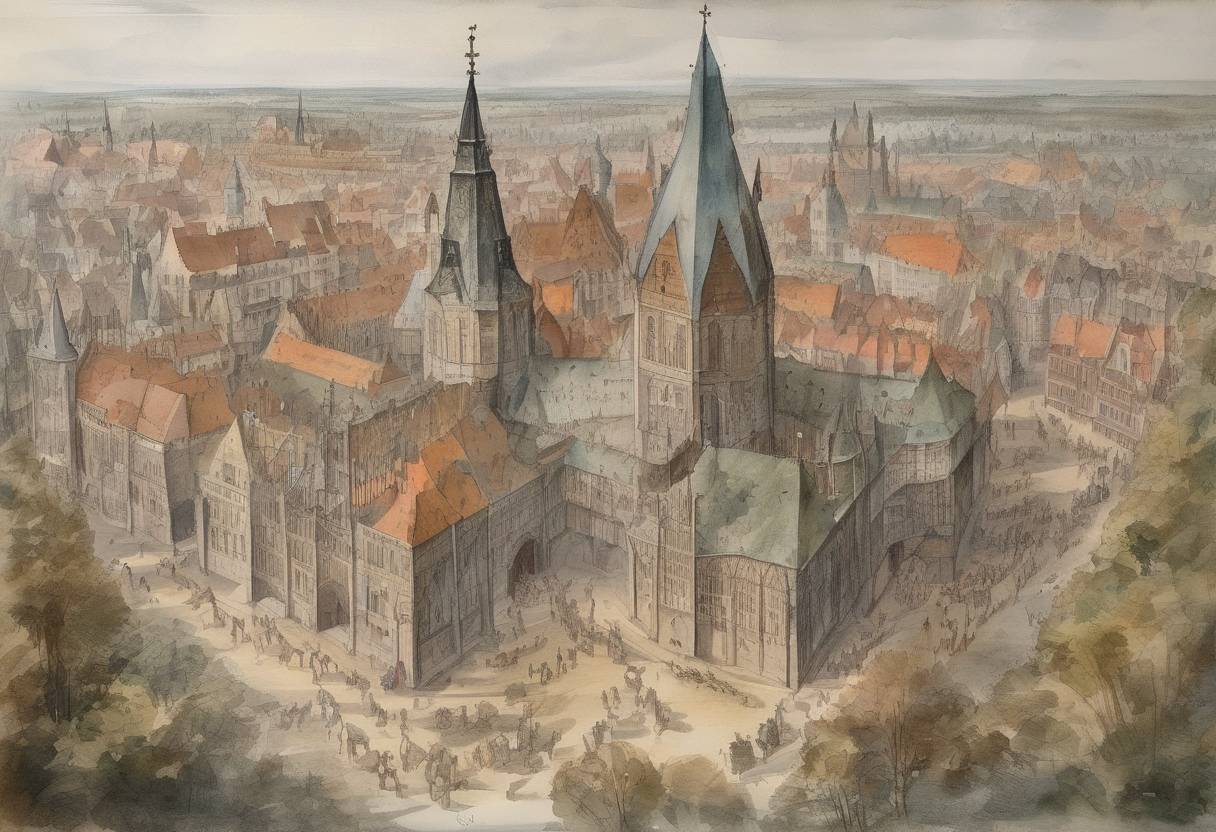 Watercolor painting based depiction of The Peace of Westphalia was signed, ending the Thirty Years' War in the Holy Roman Empire and the Eighty Years' War between Spain and the Dutch Republic. This series of treaties marked the beginning of the modern state system in Europe. (1648)