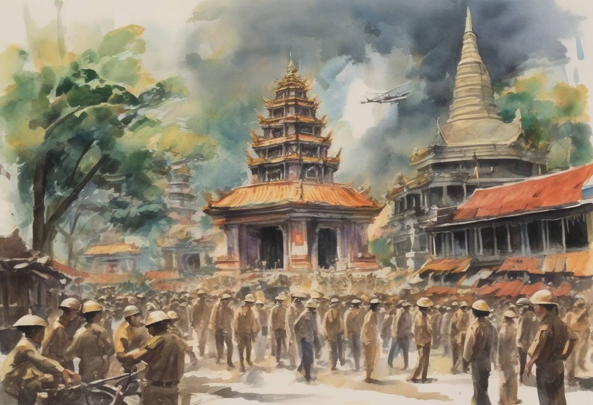 Watercolor painting based depiction of The Buddhist crisis in South Vietnam escalates as government forces attack Buddhist pagodas, leading to widespread international condemnation and contributing to the eventual downfall of President Ngo Dinh Diem. (1963)