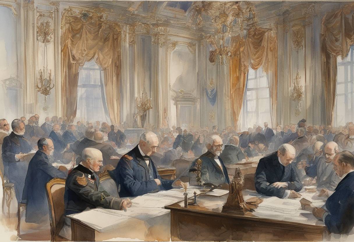 Watercolor painting based depiction of The Treaty of Saint-Germain was signed, formally ending World War I for Austria. It dissolved the Austro-Hungarian Empire and recognized the independence of several Central European nations. (1919)