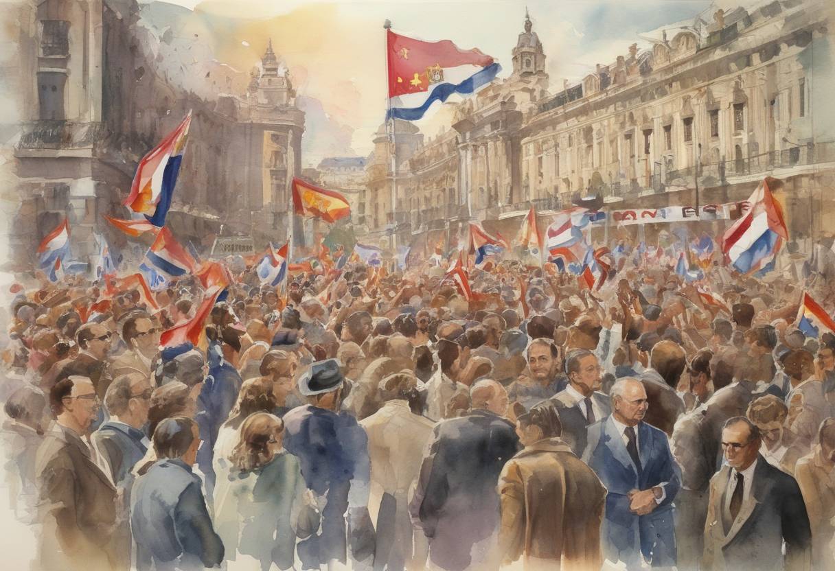Watercolor painting based depiction of Spain held its first democratic elections after the death of dictator Francisco Franco, marking a significant step in the country's transition to democracy. (1977)
