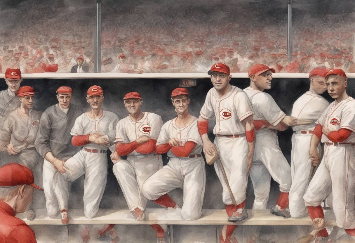 Watercolor painting based depiction of The Cincinnati Reds won the World Series, defeating the Chicago White Sox in what later became known as the Black Sox Scandal due to allegations of game-fixing. (1919)