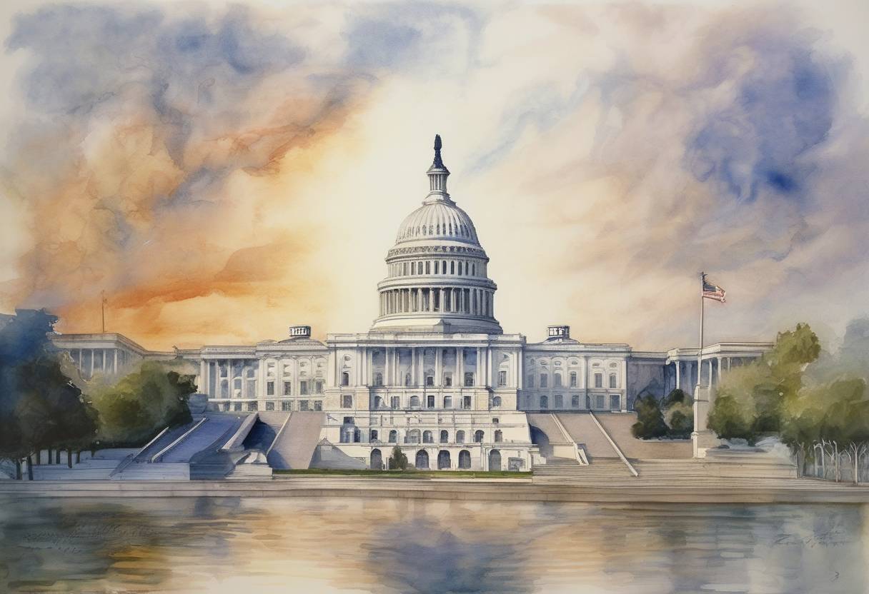Watercolor painting based depiction of The United States Congress passed a joint resolution authorizing the use of military force against those responsible for the attacks on September 11, 2001, which laid the groundwork for the War in Afghanistan. (2001)
