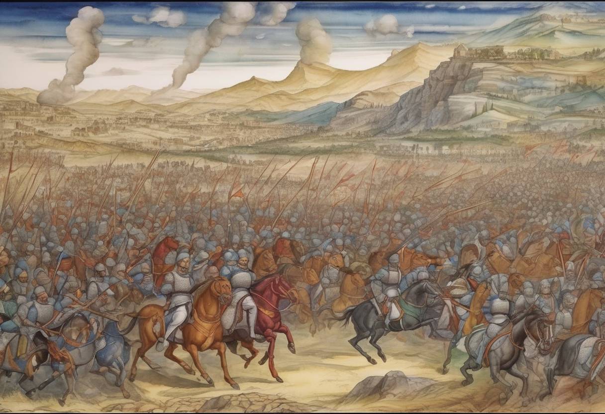 Watercolor painting based depiction of The Battle of Chaldiran took place, where the Ottoman Empire defeated the Safavid Empire. (1514)