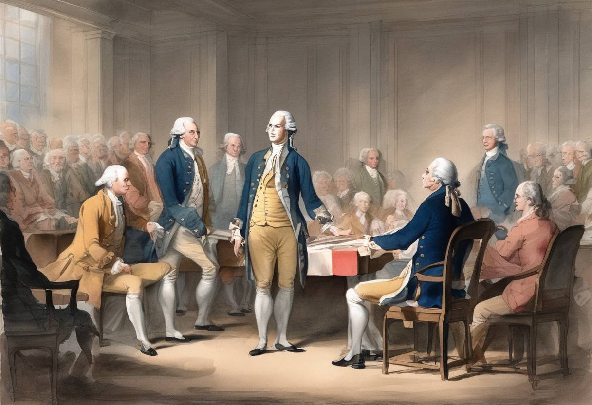 Watercolor painting based depiction of Richard Henry Lee of Virginia proposed to the Continental Congress a resolution calling for independence of the American colonies from Great Britain. (1776)