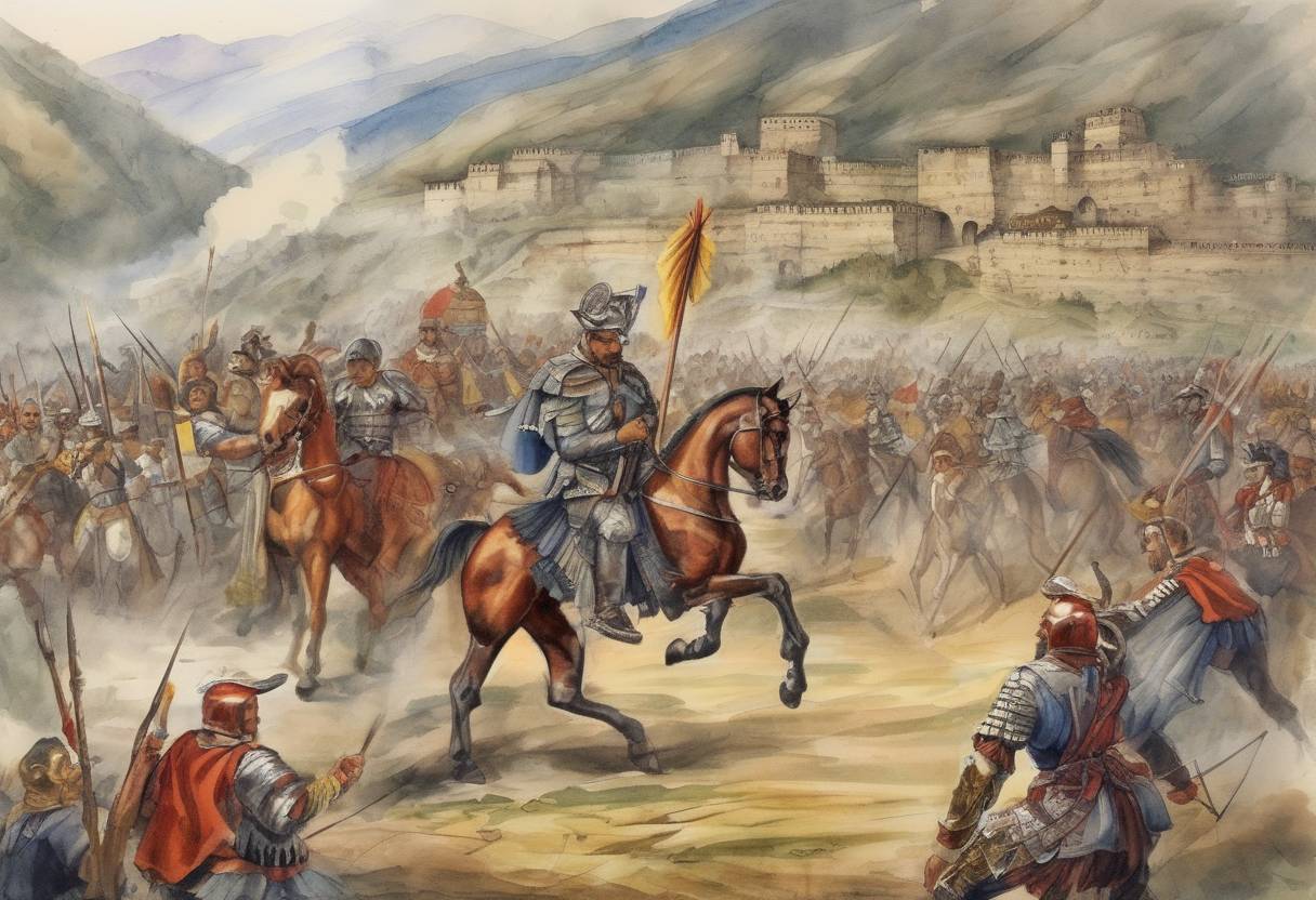 Watercolor painting based depiction of Spanish conquistador Francisco Pizarro captures Inca Emperor Atahualpa at the Battle of Cajamarca. (1532)