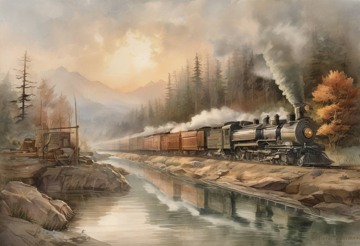 Watercolor painting based depiction of Standard time zones were established in the United States and Canada by the railroads to end the confusion of dealing with thousands of local times. (1883)