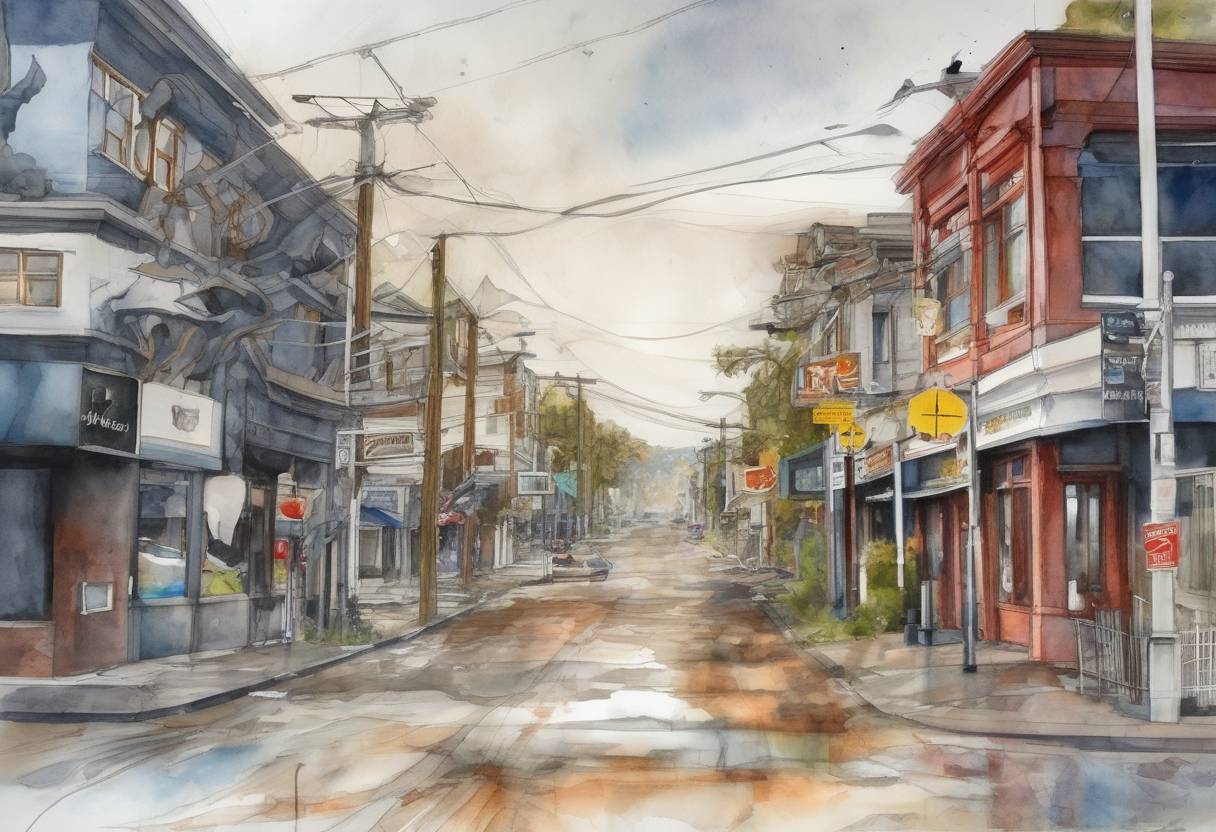 Watercolor painting based depiction of A magnitude 7.1 earthquake strikes the South Island of New Zealand, causing significant damage in the city of Christchurch and leading to a series of aftershocks. (2010)