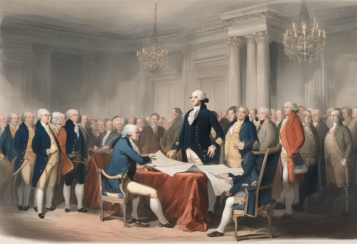 Watercolor painting based depiction of President George Washington's Farewell Address was published, advising the United States to avoid permanent alliances with foreign nations and to rely on temporary alliances for emergencies. (1796)