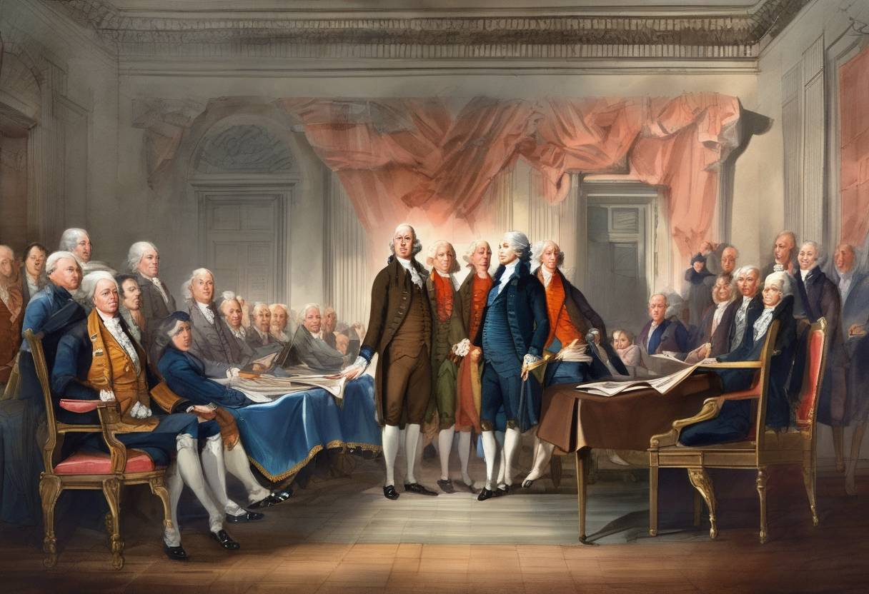 Watercolor painting based depiction of The United States Constitution was signed by delegates at the Constitutional Convention in Philadelphia. (1787)