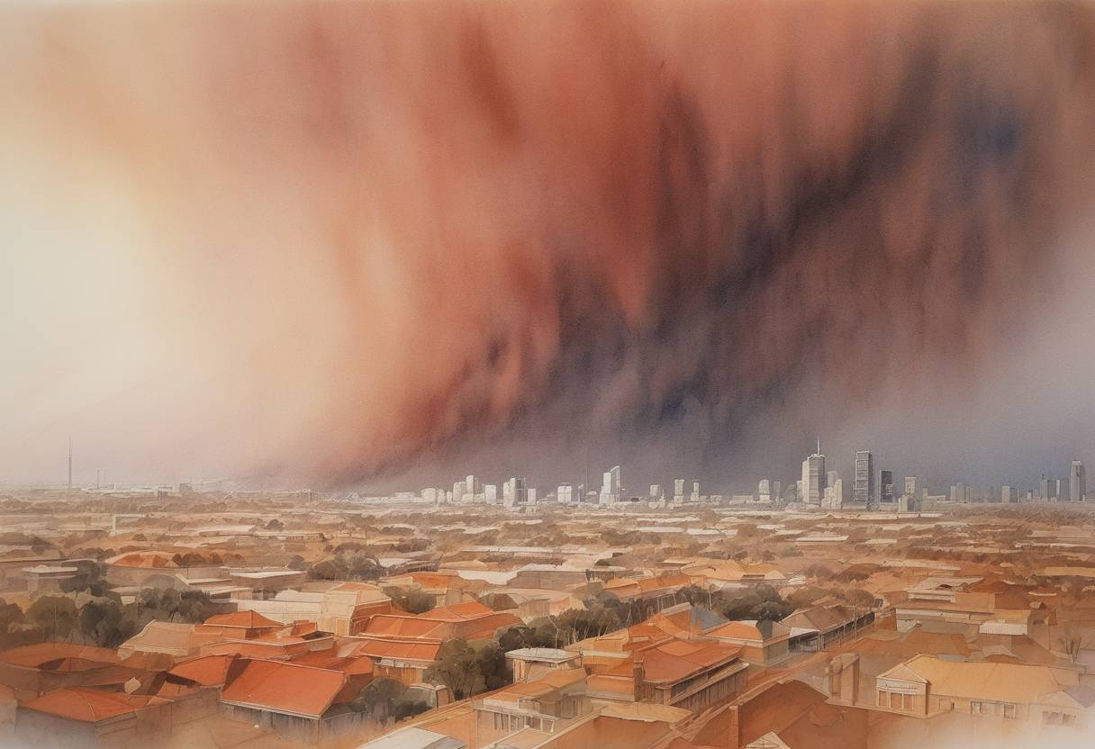 Watercolor painting based depiction of The Melbourne dust storm, one of the worst in Australian history, blanketed the city with red dust from the outback. (1983)