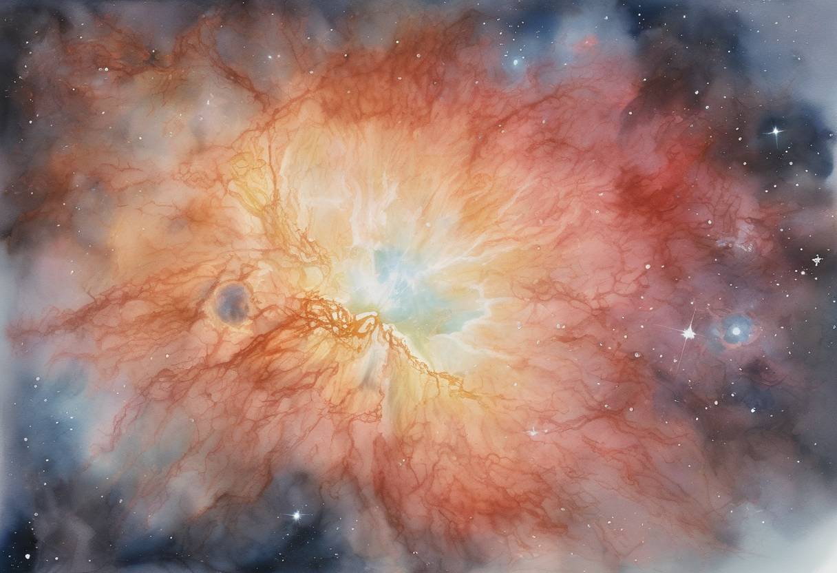 Watercolor painting based depiction of The supernova SN 1054 is observed by Chinese astronomers, leading to the creation of the Crab Nebula. (1054)