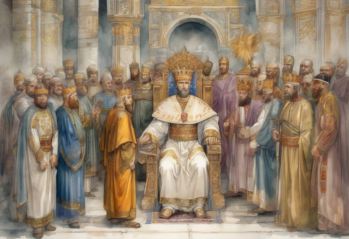 Watercolor painting based depiction of The Byzantine Emperor Justin II, suffering from mental illness, abdicates the throne in favor of his general, Tiberius II Constantine, who is crowned as co-emperor. (574)