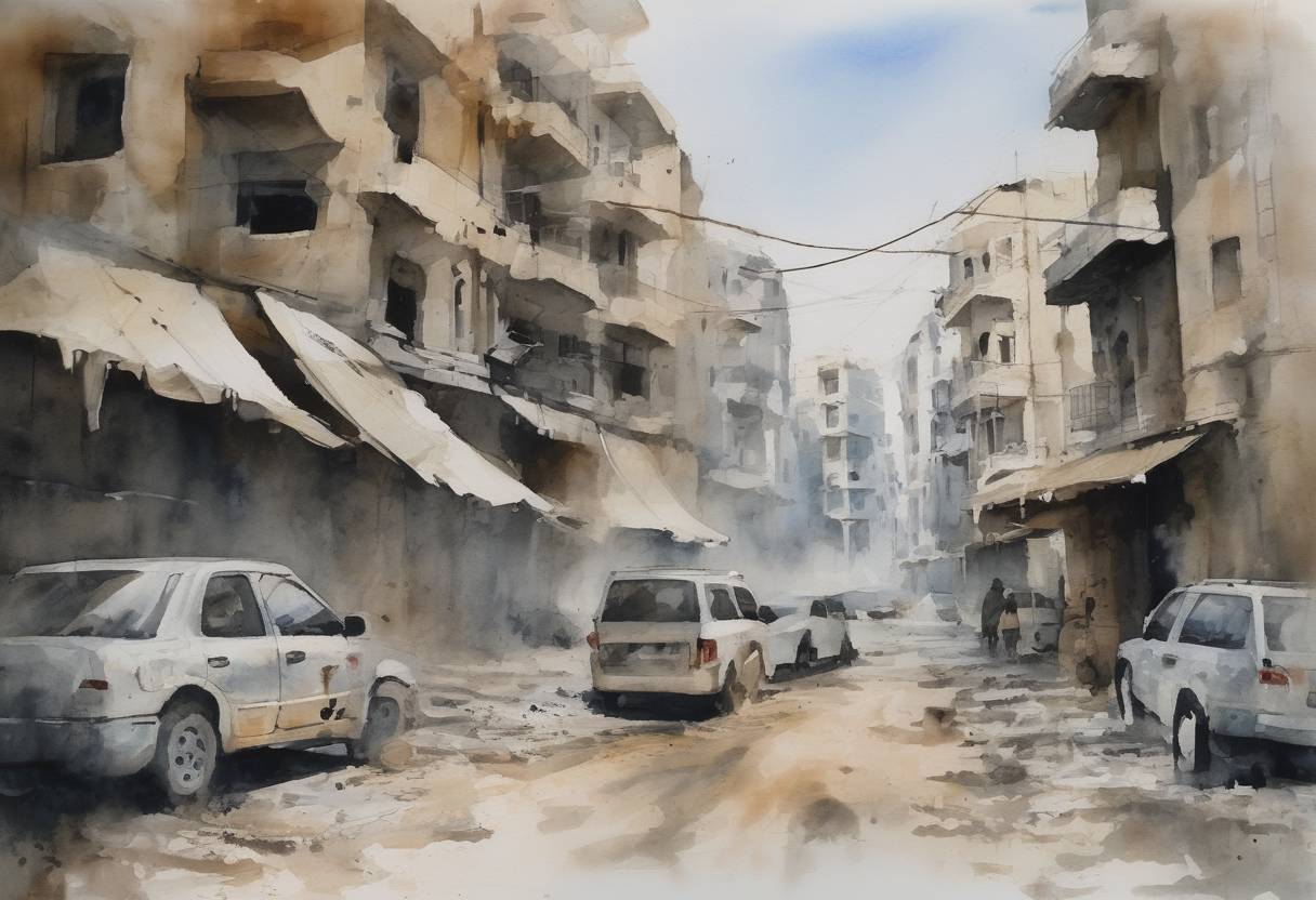 Watercolor painting based depiction of The United Nations confirmed the use of chemical weapons in the Ghouta area of Damascus, Syria, leading to international condemnation and discussions on military intervention. (2013)