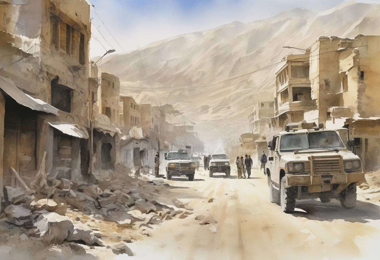 Watercolor painting based depiction of The Taliban regime in Afghanistan abandoned the capital city of Kabul, allowing Northern Alliance forces to enter the city without resistance, marking a significant turning point in the U.S.-led invasion of Afghanistan following the September 11 attacks. (2001)