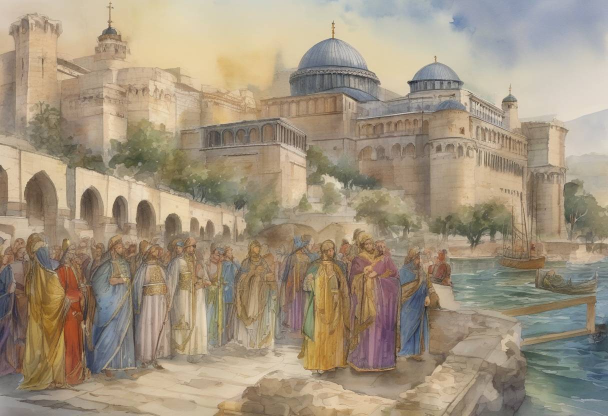 Watercolor painting based depiction of Although slightly beyond the year 1000, it is notable that on this date, future Byzantine Emperor Romanos III Argyros was married to Empress Zoe, marking a significant political alliance. (1028)