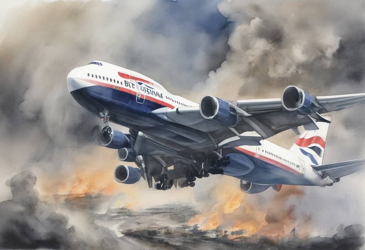 Watercolor painting based depiction of The British Airways Flight 9 incident occurred when a Boeing 747 flew through a volcanic ash cloud, causing all four engines to fail temporarily before safely landing in Jakarta. (1982)