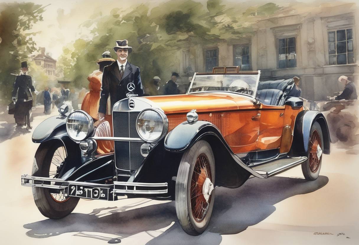 Watercolor painting based depiction of Mercedes-Benz was formed with the merger of Karl Benz's and Gottlieb Daimler's companies. This merger created one of the most renowned automobile manufacturers in the world. (1926)