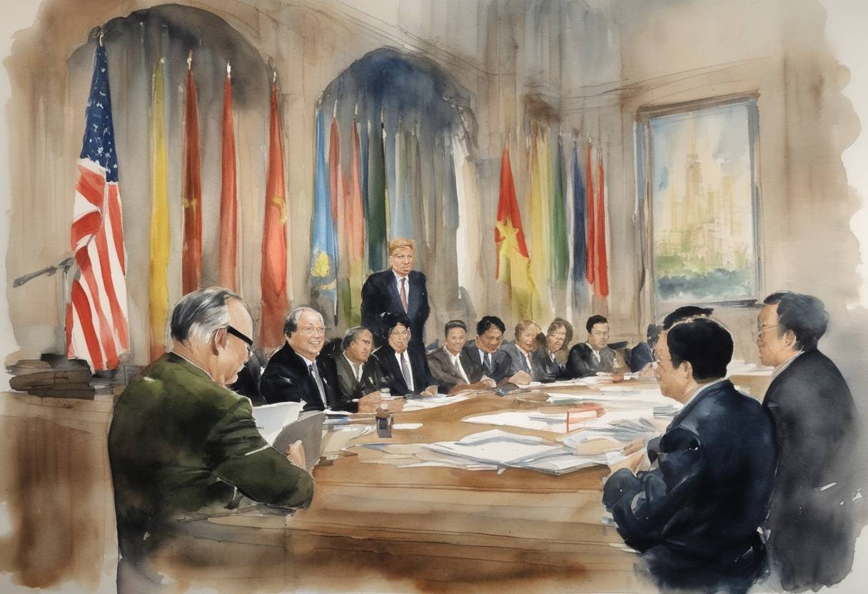 Watercolor painting based depiction of The final permanent member of the UN Security Council, Vietnam, begins voting following its admission earlier that year. (1977)