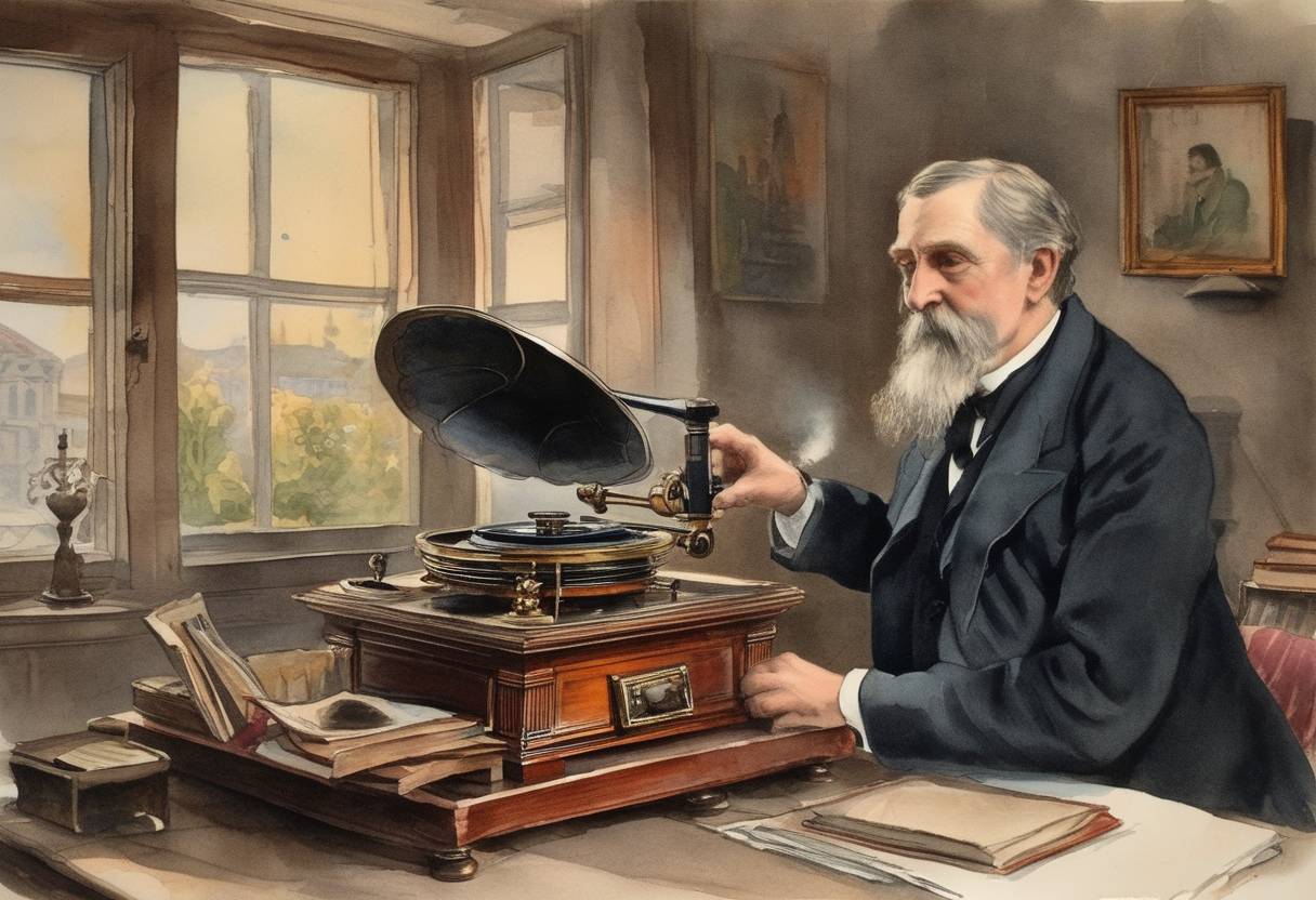 Watercolor painting based depiction of Peter Carl Goldmark, the inventor of the long-playing microgroove phonograph record (LP) was born. (1894)