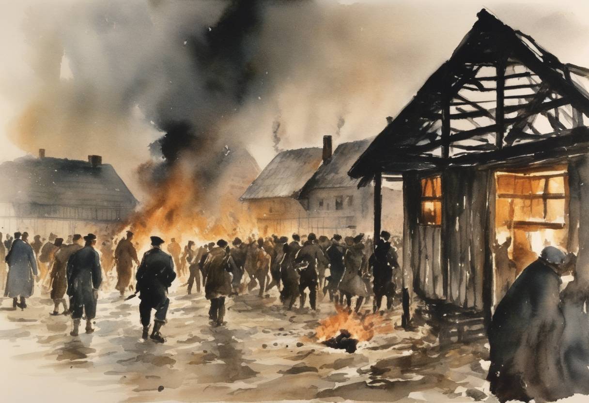 Watercolor painting based depiction of The uprising at the Auschwitz-Birkenau extermination camp occurs as Jewish prisoners attempt to destroy the crematoriums. (1944)