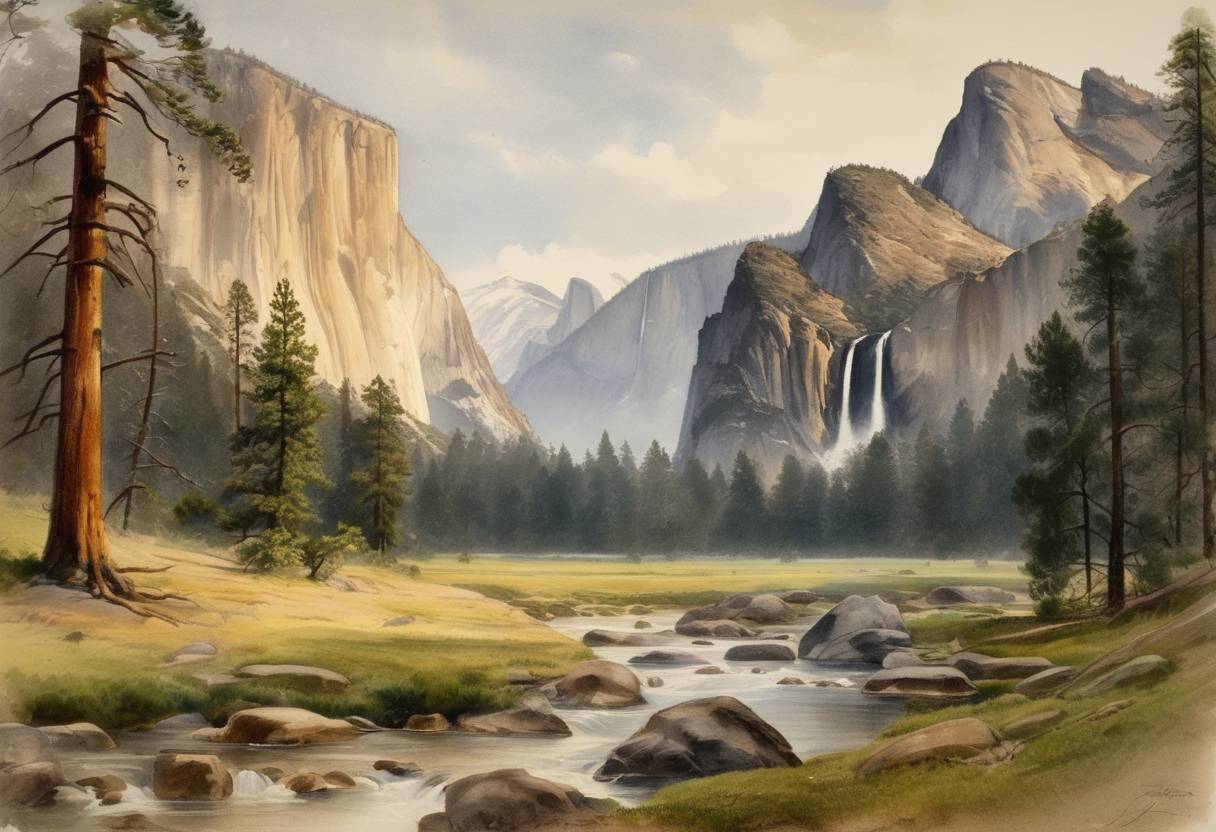 Watercolor painting based depiction of The U.S. establishes Yosemite National Park as a protected area. (1890)